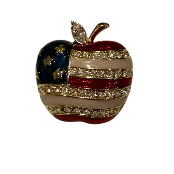 GE Wlind Signed Enamel American Flag Apple Brooch Pin With Rhinestones Vintage - Picture 3 of 14